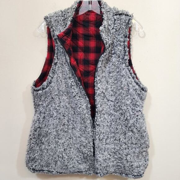 Maurices reversible full zip sherpa Buffalo check plaid vest womans size extra l - Picture 1 of 10